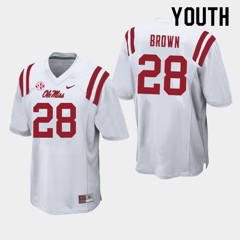 Youth #28 Markevious Brown Ole Miss Rebels College Football Jerseys Sale-White - Click Image to Close